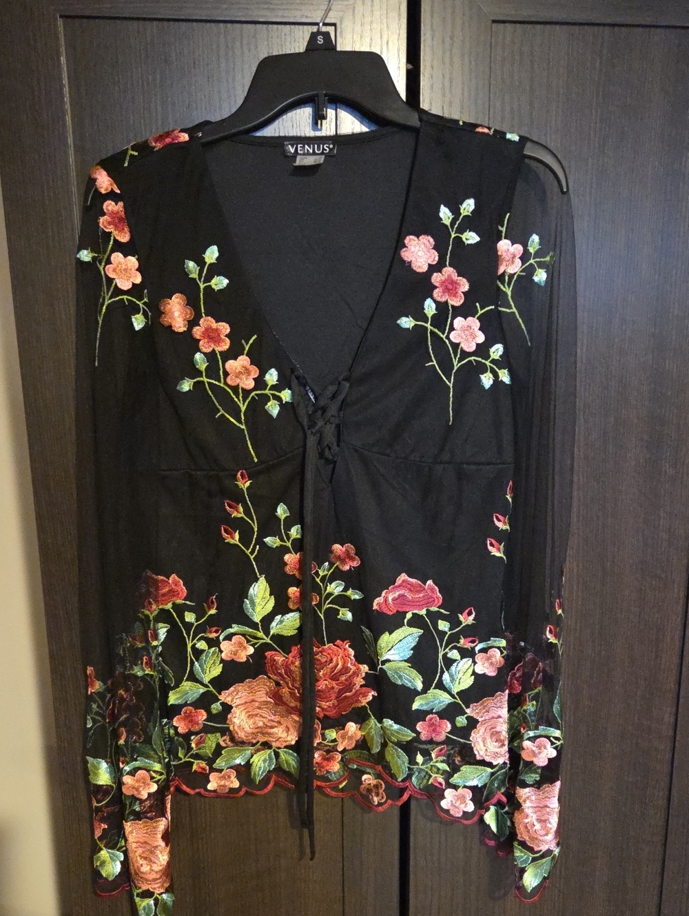 VENUS Black Sheer Floral Embroidered Blouse